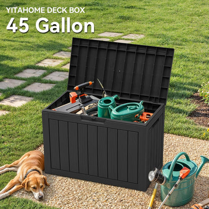 YITAHOME 45 Gallon Deck Box, Outdoor Storage Box for Patio Cushions, Outdoor Tools, Gardening Tools, Sports Equipment, and Throw Pillows, Lockable and Waterproof, Black