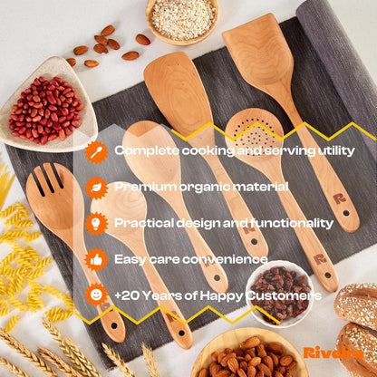 Riveira Cherry Wooden Spoons for Cooking Set of 6 – Natural Cherry Wood Cooking Utensils, Wooden Spatula, Wooden Spoon - Premium Quality Wooden Utensil Set for Non-Toxic Cooking