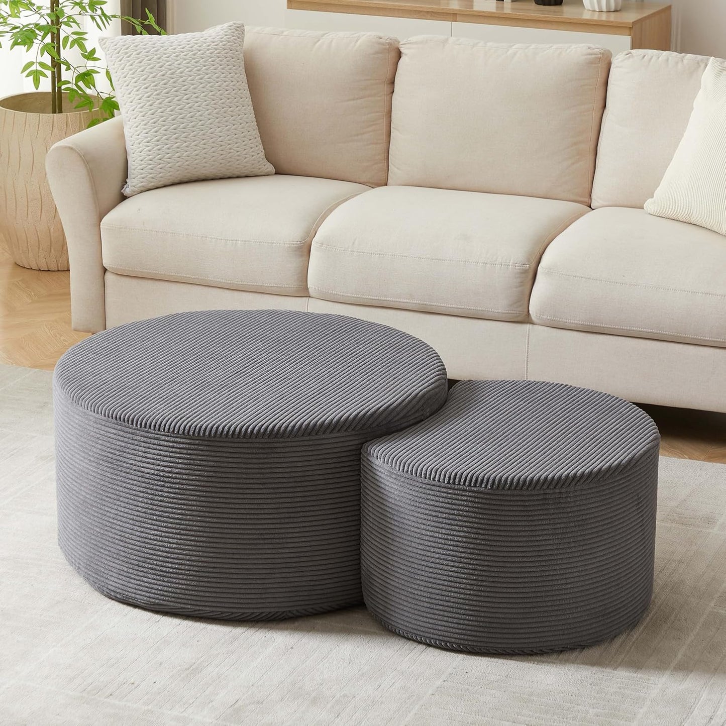 WILLIAMSPACE 50" Foam Nesting Coffee Table Set of 2, Modern Upholstered Round Center Tables for Living Room, Accent Side Tea Table Ottoman, No Assembly - Grey