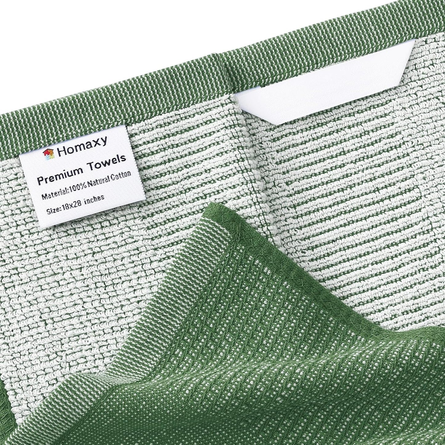 Homaxy Premium Kitchen Towels(18”x 28”, 12 Pack), Large Cotton Kitchen Hand Towels, Flat and Terry Dish Towels, 380 GSM Highly Absorbent Tea Towel Set with Hanging Loop, Grass Green