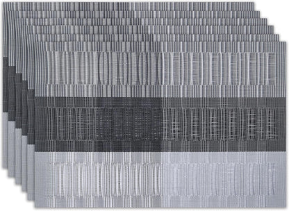 Placemats Set of 6 Washable Indoor/Outdoor Vinyl Place Mats for Dining Table Durable Non-Slip Heat Resistant PVC Weave Table Mats(Gray Black)