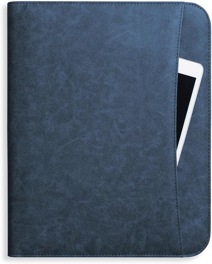 Forevermore Portfolios Padfolio Binder - Professional Faux Leather Travel Organizer Pouch for Tablet, Documents, Presentation Folders, Zipper Closure, Notepad - Blue