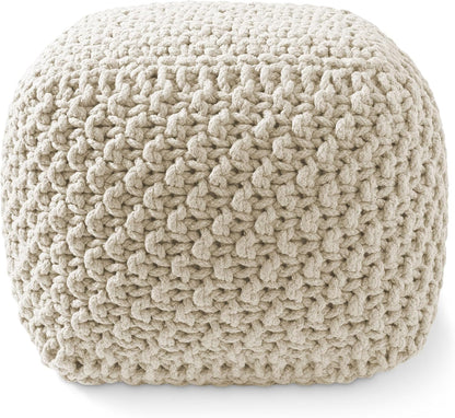 Casafield Square Pouf Ottoman, Natural - 18.5" W x 18.5" D x 14.5" H Cotton Knit Foot Stool - Boho Floor Pouffe for Living Room, Bedroom, Home Office