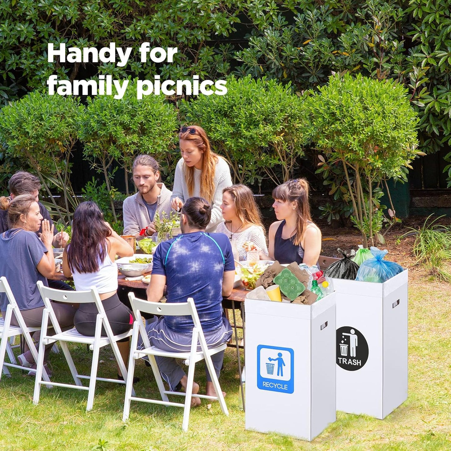 Tioncy 5 Pcs 30 Gallon Corrugated Cardboard Trash Cans Recycling Bins with Trash and Recycle Letters White Disposable Garbage Container Reusable Garbage Boxes for Party Camping Outdoor Events