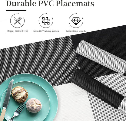 Vinyl Plastic Placemats Set of 4 Washable Heat Resistant Non-Slip Elegant Indoor Outdoor Kitchen Dining PVC Woven Table Place Mats (Black White Lattice Block)
