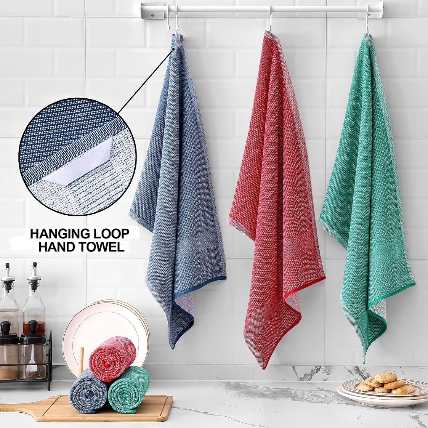 Homaxy Premium Kitchen Towels(18”x 28”, 6 Pack), Large Cotton Kitchen Hand Towels, Flat and Terry Dish Towels, 380 GSM Highly Absorbent Tea Towel Set with Hanging Loop, Navy Blue/Red/Green