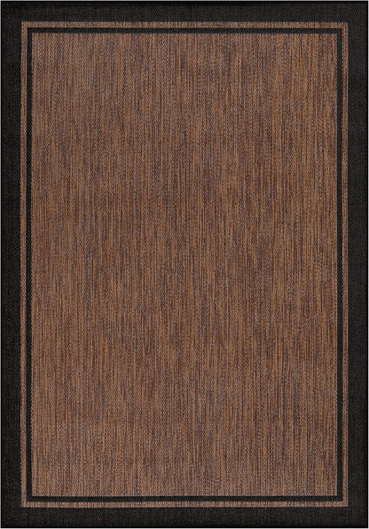 CAMILSON Indoor Outdoor Rug, 10x14 Bordered Nut Brown Black Modern Area Rugs for Indoor and Outdoor Patios, Kitchen and Hallway Mats, Washable Porch Deck Outside Carpet (Border Nut Brown Black 10 x14)