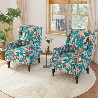 Lumibee High Back Accent Chair Set of 2, Armchair in Fabric,Comfy Upholstered Wingback Single Sofa Reading Chairs with Solid Wood Legs for Living Room,Bedroom,Office-Peacock Blue