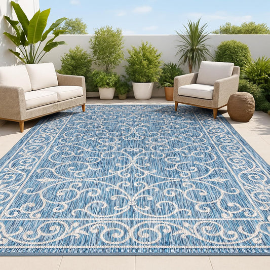JONATHAN Y Vintage Filigree Indoor Outdoor Area Rug 6X9 Navy/Gray, Charleston Textured Weave for Backyard, Patio, Porch, Easy-Cleaning, High Traffic, Pet-Friendly, Non-Shedding (SMB106D-6)