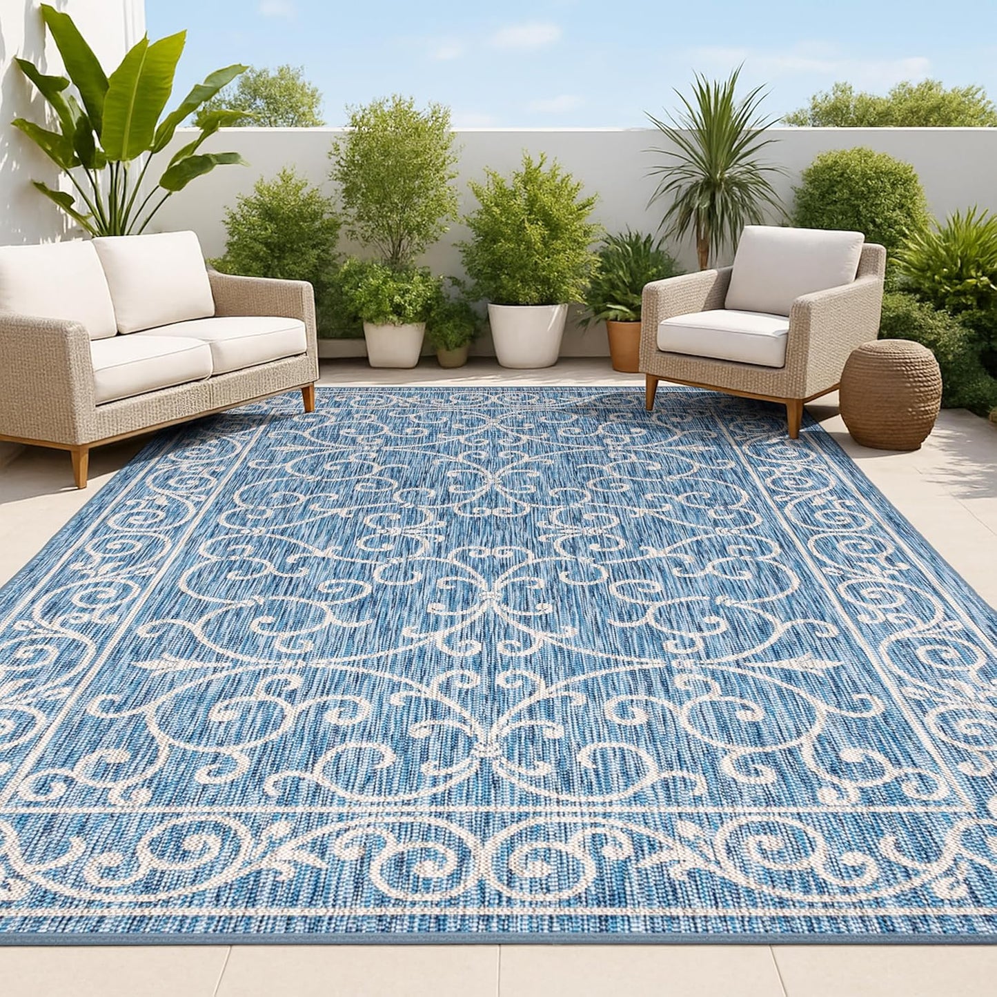 JONATHAN Y Vintage Filigree Indoor Outdoor Area Rug 4X6 Navy/Gray, Charleston Textured Weave for Backyard, Patio, Porch, Easy-Cleaning, High Traffic, Pet-Friendly, Non-Shedding (SMB106D-4)