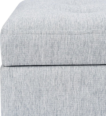 Adeco 18 Inch High Cube Ottoman Storage, Linen Chair Foot Stools, Upholstered Vanity Stool with Hinged Lid, Solid Wood Legs