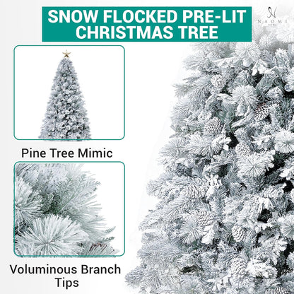 Darla 9ft Snow Flocked Prelit Artificial Christmas Tree with Star Projector, 58 Pine Cones, 1612 Branch Tips, 720 Warm Lights and Metal Stand, 58" Wide Snowy Frosted Pine Christmas Tree with Lights
