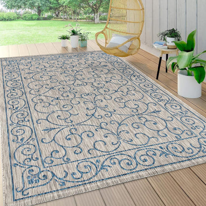 JONATHAN Y Vintage Filigree Indoor Outdoor Area Rug 3X5 Gray/Navy, Charleston Textured Weave for Backyard, Patio, Porch, Easy-Cleaning, High Traffic, Pet-Friendly, Non-Shedding (SMB106C-3)