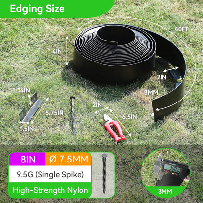 4" Tall 40ft No Dig Landscape Edging Border with 60PCS 8" Plastic Spikes & 4 PCS Connectors - Garden Lawn Edging Kit with a Shears for Landscaping, Lawn, Flower Beds and Yard