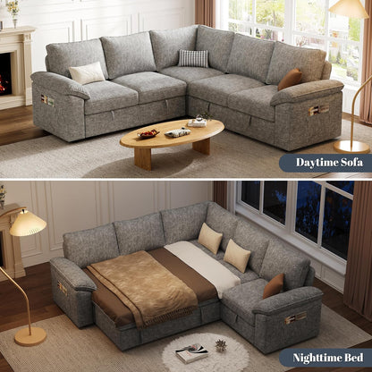 85 Inch Modular Sectional Sofa with Pull Out Bed,L Shaped 5 Seat Sectional Sleeper Sofa with Storage,Sectional Couches for Living Room,Cloud Modular Couch,Removable Sofa Cover,Light Gray
