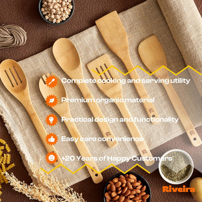 Riveira Bamboo Cooking Spoons 6-Piece – Wooden Cooking Utensils Set with Wooden Spoons for Cooking & Spatulas Wooden Utensil Sets – Premium Kitchen Utensils Set – Durable First Apartment Essentials