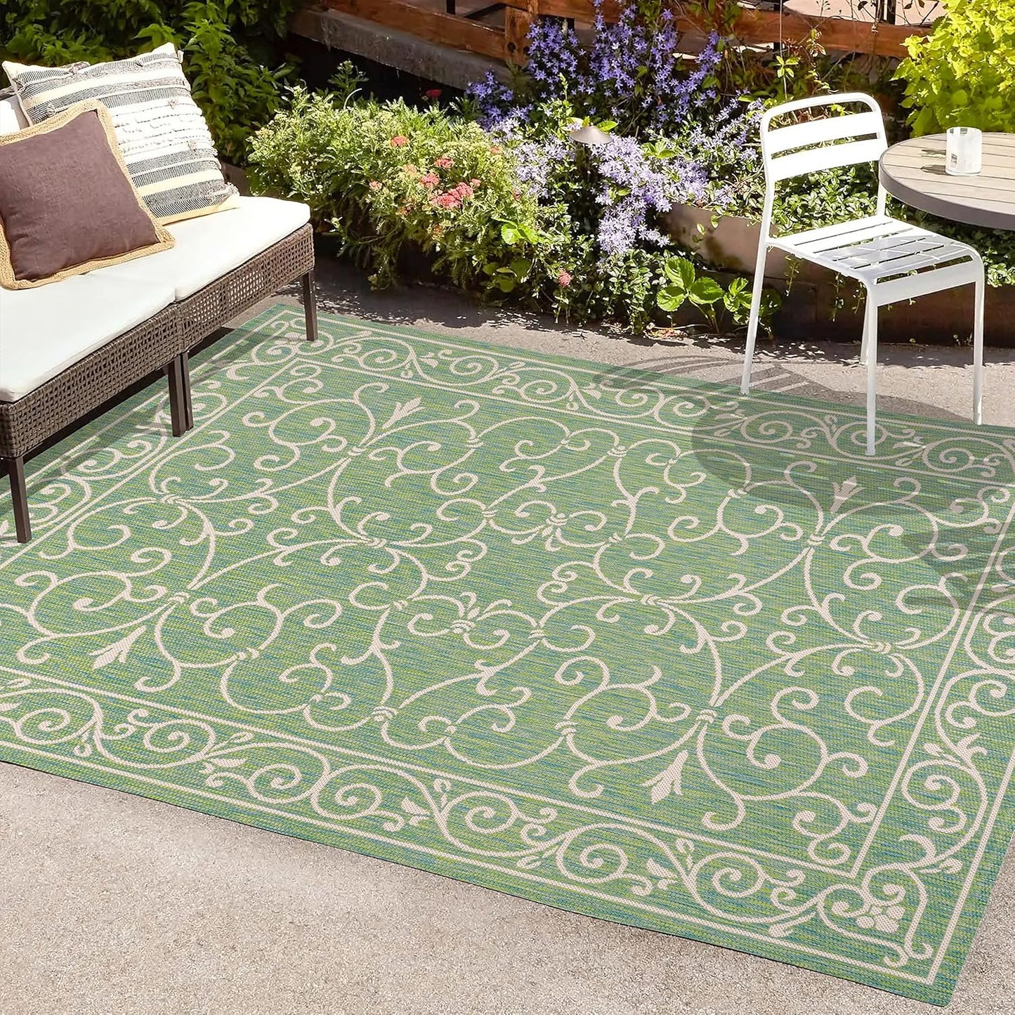 JONATHAN Y Vintage Filigree Indoor Outdoor Area Rug 8X10 Green/Ivory, Charleston Textured Weave for Backyard, Patio, Porch, Easy-Cleaning, High Traffic, Pet-Friendly, Non-Shedding (SMB106K-8)