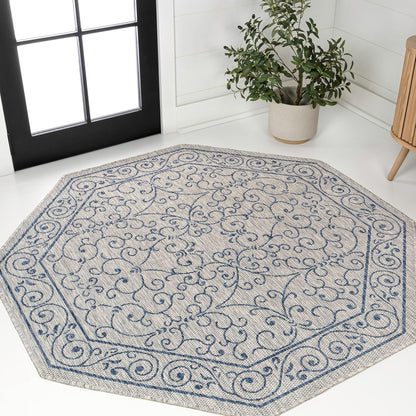 JONATHAN Y Vintage Filigree Indoor Outdoor Octagon Area Rug 8 Ft Gray/Navy, Charleston Textured Weave for Backyard, Patio, Porch, Easy-Cleaning, High Traffic, Pet-Friendly, Non-Shedding SMB106C-8TGN
