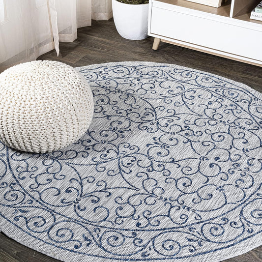 JONATHAN Y Vintage Filigree Indoor Outdoor Round Area Rug 6 Ft Gray/Navy, Charleston Textured Weave for Backyard, Patio, Porch, Easy-Cleaning, High Traffic, Pet-Friendly, Non-Shedding (SMB106C-6R)