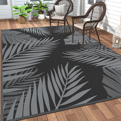 GENIMO Outdoor Rug 5' x 8' Waterproof for Patios Clearance, Reversible Outdoor Plastic Straw Camping Rug Carpet, Large Area Rugs Mats for RV, Picnic, Backyard, Deck, Balcony, Porch, Beach, Black&Grey