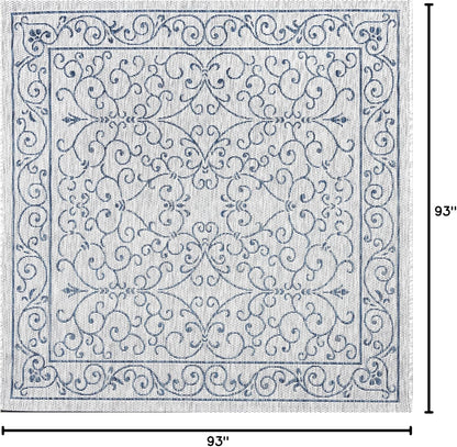 JONATHAN Y Vintage Filigree Indoor Outdoor Square Area Rug 8X8 Gray/Navy, Charleston Textured Weave for Backyard, Patio, Porch, Easy-Cleaning, High Traffic, Pet-Friendly, Non-Shedding (SMB106C-8SQ)