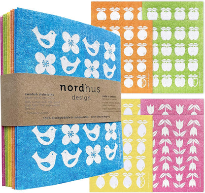 Nordhus Design Swedish Dishcloths,10 Cloths, Made in Sweden - Reusable, Washable Cellulose Cotton Kitchen Cloths - Replace Paper Towels, Wipes, Sponges, Dish Rags