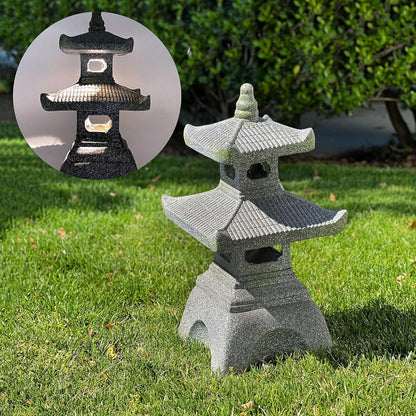 Galt International 2 Tier Pagoda Garden Statue LED Solar Powered Light 26" Tall Outdoor Zen Garden Lantern Landscape Lawn Asian Pagoda Stupa Decor Grey Resin