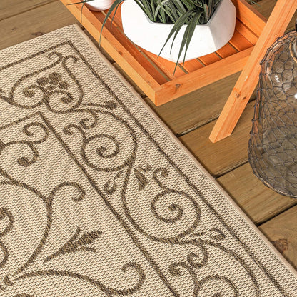 JONATHAN Y Vintage Filigree Indoor Outdoor Runner Rug 2X10 Beige/Brown, Charleston Textured Weave for Backyard, Patio, Porch, Easy-Cleaning, High Traffic, Pet-Friendly, Non-Shedding (SMB106A-210)