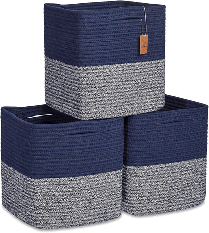 NaturalCozy Storage Cubes 11 Inch Cotton Rope Woven Baskets for Organizing, 3-Pack | Cube Storage Bin | Square Storage Baskets for Shelves Organizer, Classroom, Kids Toy Bins, Closet, Baby Nursery