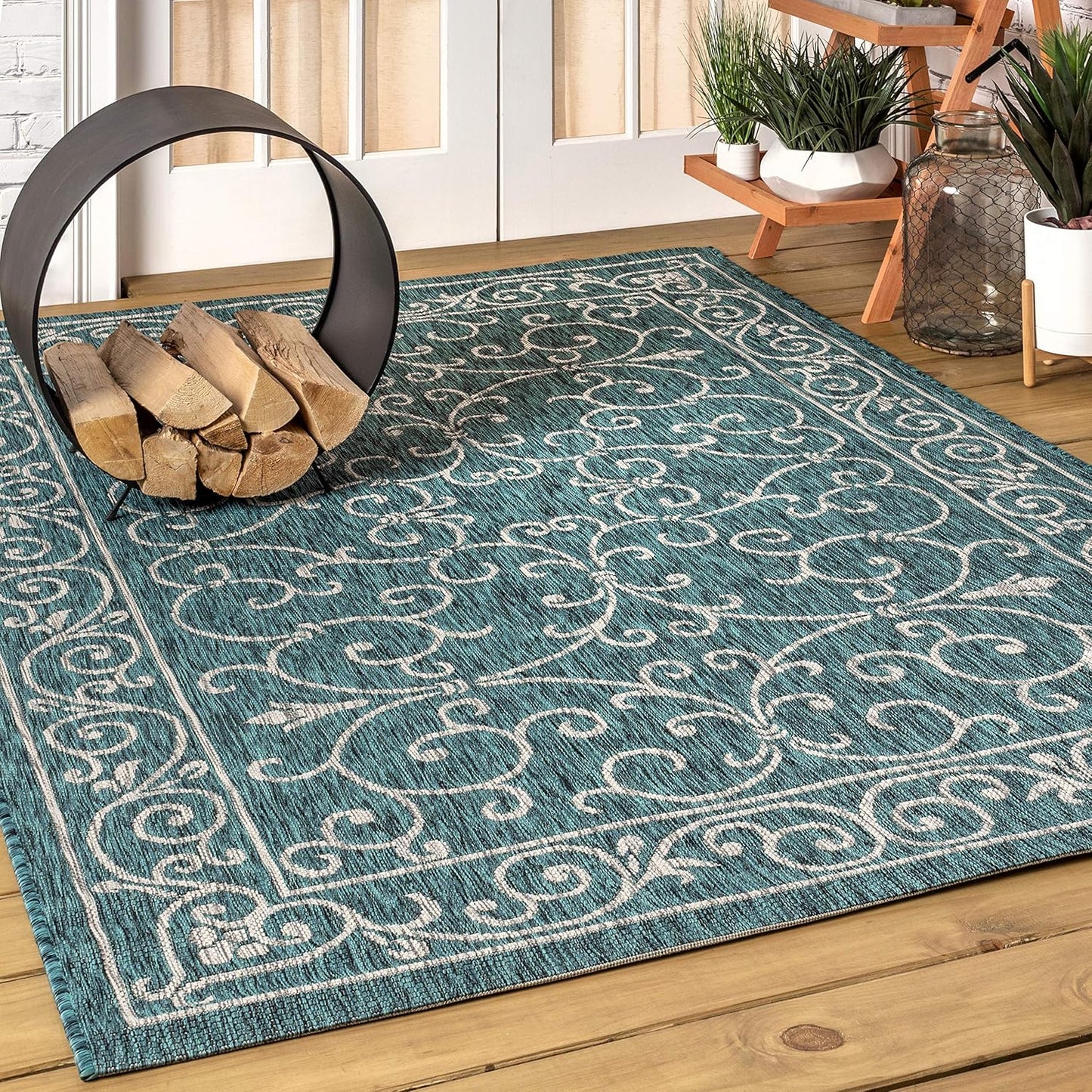 JONATHAN Y Vintage Filigree Indoor Outdoor Area Rug 3X5 Teal/Gray, Charleston Textured Weave for Backyard, Patio, Porch, Easy-Cleaning, High Traffic, Pet-Friendly, Non-Shedding (SMB106F-3)