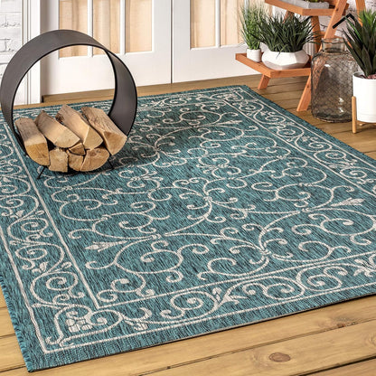 JONATHAN Y Vintage Filigree Indoor Outdoor Area Rug 5X8 Teal/Gray, Charleston Textured Weave for Backyard, Patio, Porch, Easy-Cleaning, High Traffic, Pet-Friendly, Non-Shedding (SMB106F-5)
