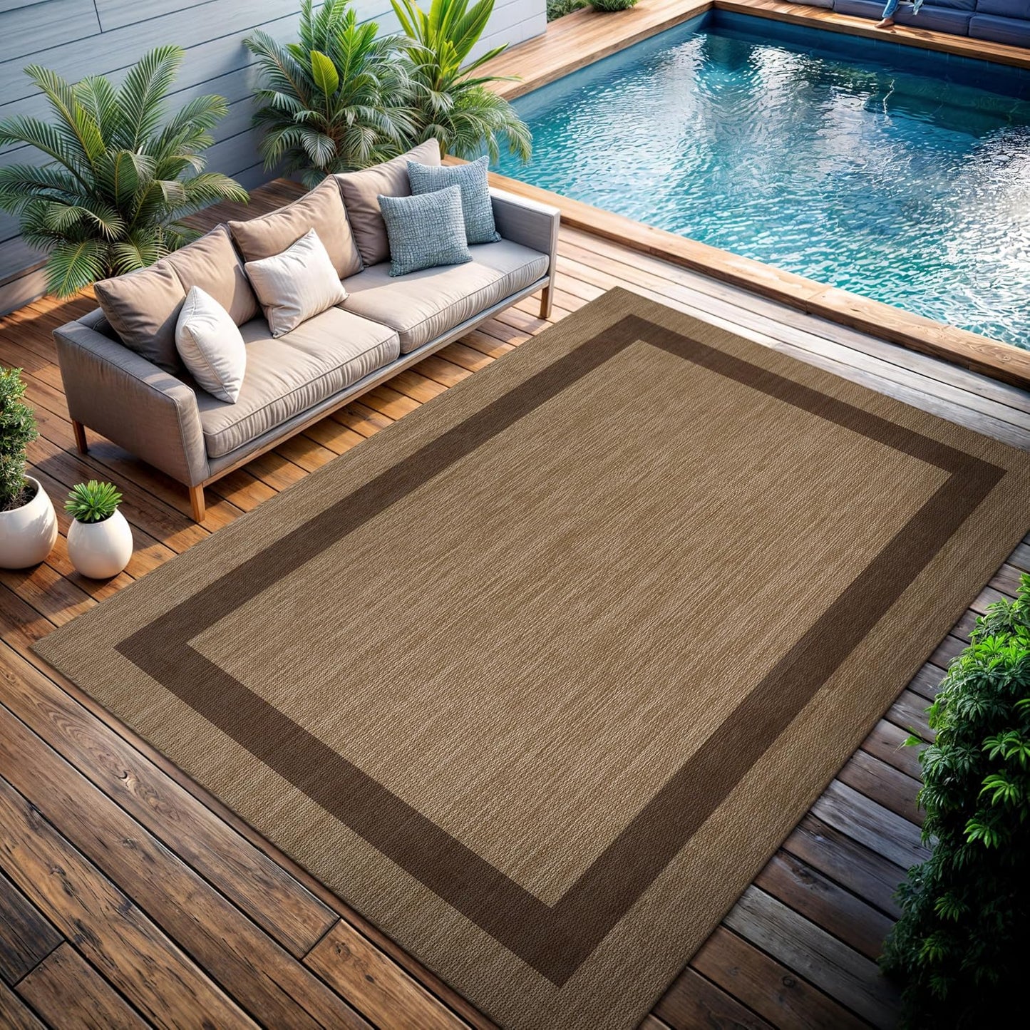 CAMILSON Outdoor Rug 10x14 - Large Modern Outside Rugs for Patios Porches Waterproof Durable Washable Non-Shedding, Easy-to-Clean Indoor Outdoor Area Carpet (10 x 14, Bordered - Jute)