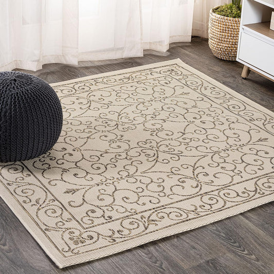 JONATHAN Y Vintage Filigree Indoor Outdoor Square Area Rug 6X6 Beige/Brown, Charleston Textured Weave for Backyard, Patio, Porch, Easy-Cleaning, High Traffic, Pet-Friendly, Non-Shedding (SMB106A-6SQ)