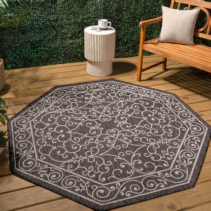 JONATHAN Y Vintage Filigree Indoor Outdoor Octagon Area Rug 8 Ft Black/Gray, Charleston Textured Weave for Backyard, Patio, Porch, Easy-Cleaning, High Traffic, Pet-Friendly Non-Shedding SMB106G-8TGN