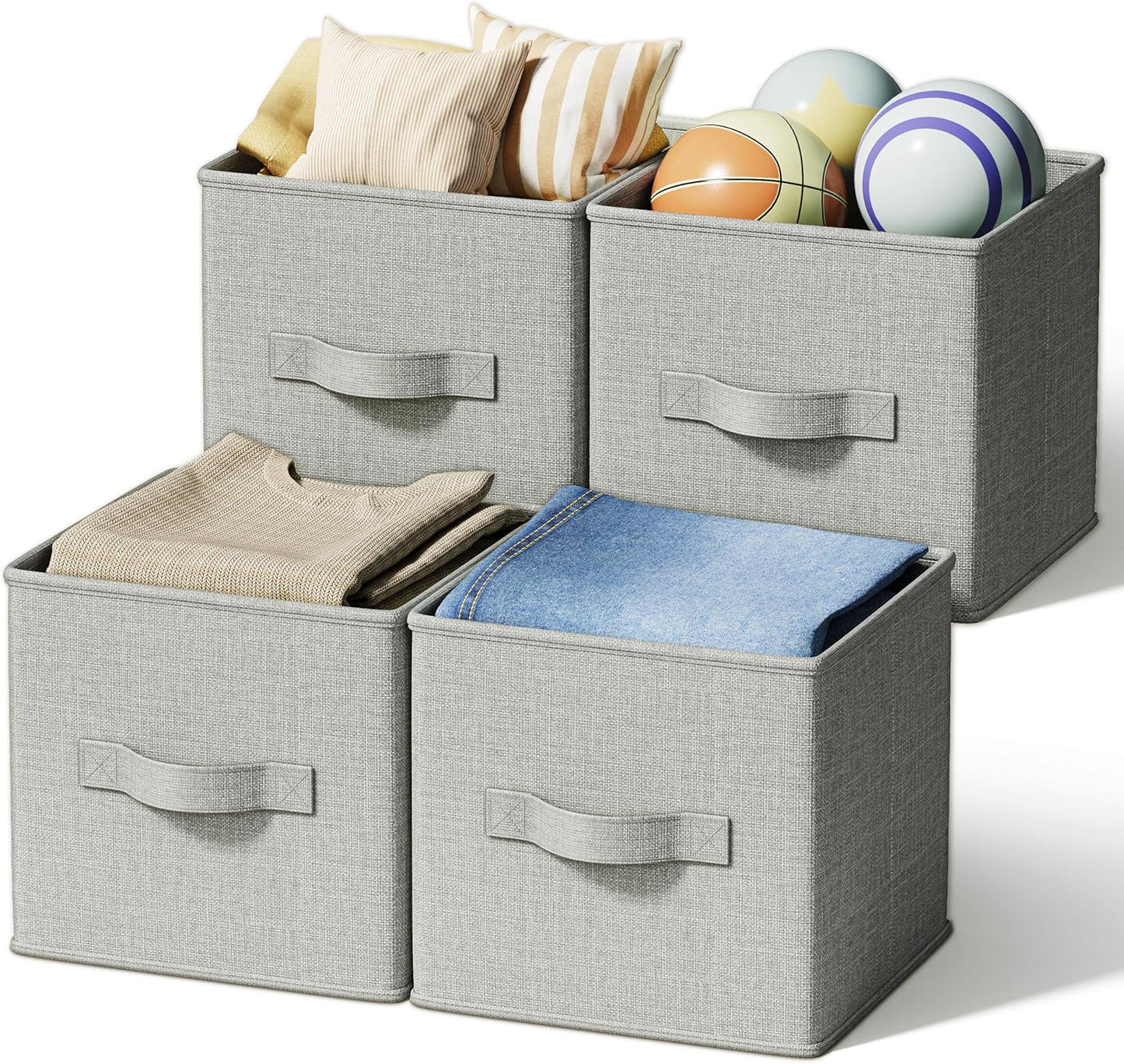 4 Pack Foldable Fabric Closet Storage Bins, 11Inch Organizer Cubes with Handles, Linen Storage Boxes for Clothes, Toys, Books and Home Organization,Gray