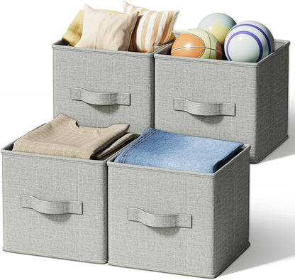 4 Pack Foldable Fabric Closet Storage Bins, 11Inch Organizer Cubes with Handles, Linen Storage Boxes for Clothes, Toys, Books and Home Organization,Gray