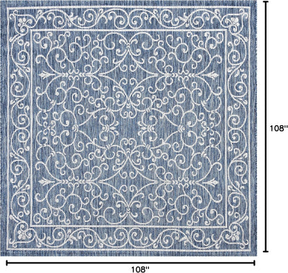 JONATHAN Y Vintage Filigree Indoor Outdoor Square Area Rug 9X9 Navy/Gray, Charleston Textured Weave for Backyard, Patio, Porch, Easy-Cleaning, High Traffic, Pet-Friendly, Non-Shedding (SMB106D-9SQ)