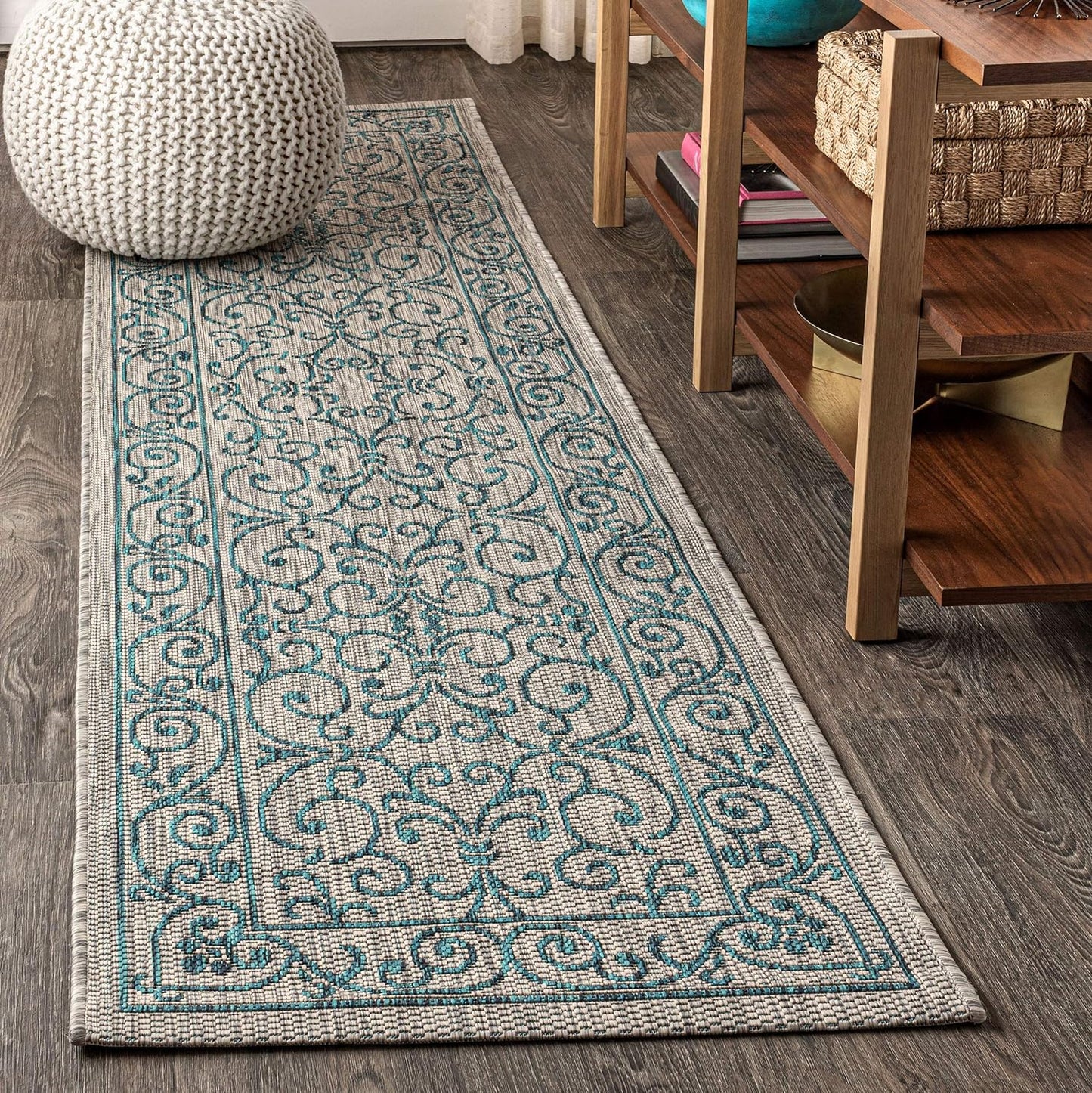 JONATHAN Y Vintage Filigree Indoor Outdoor Runner Rug 2X8 Gray/Teal, Charleston Textured Weave for Backyard, Patio, Porch, Easy-Cleaning, High Traffic, Pet-Friendly, Non-Shedding (SMB106E-28)