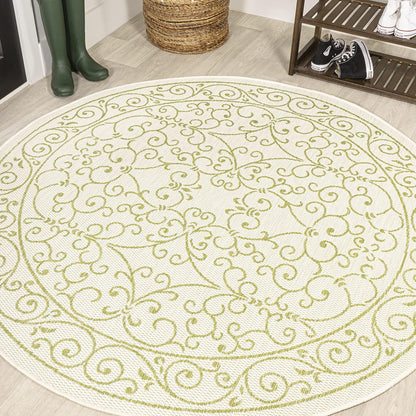 JONATHAN Y Vintage Filigree Indoor Outdoor Round Area Rug 5 Ft Cream/Green, Charleston Textured Weave for Backyard, Patio, Porch, Easy-Cleaning, High Traffic, Pet-Friendly, Non-Shedding (SMB106I-5R)