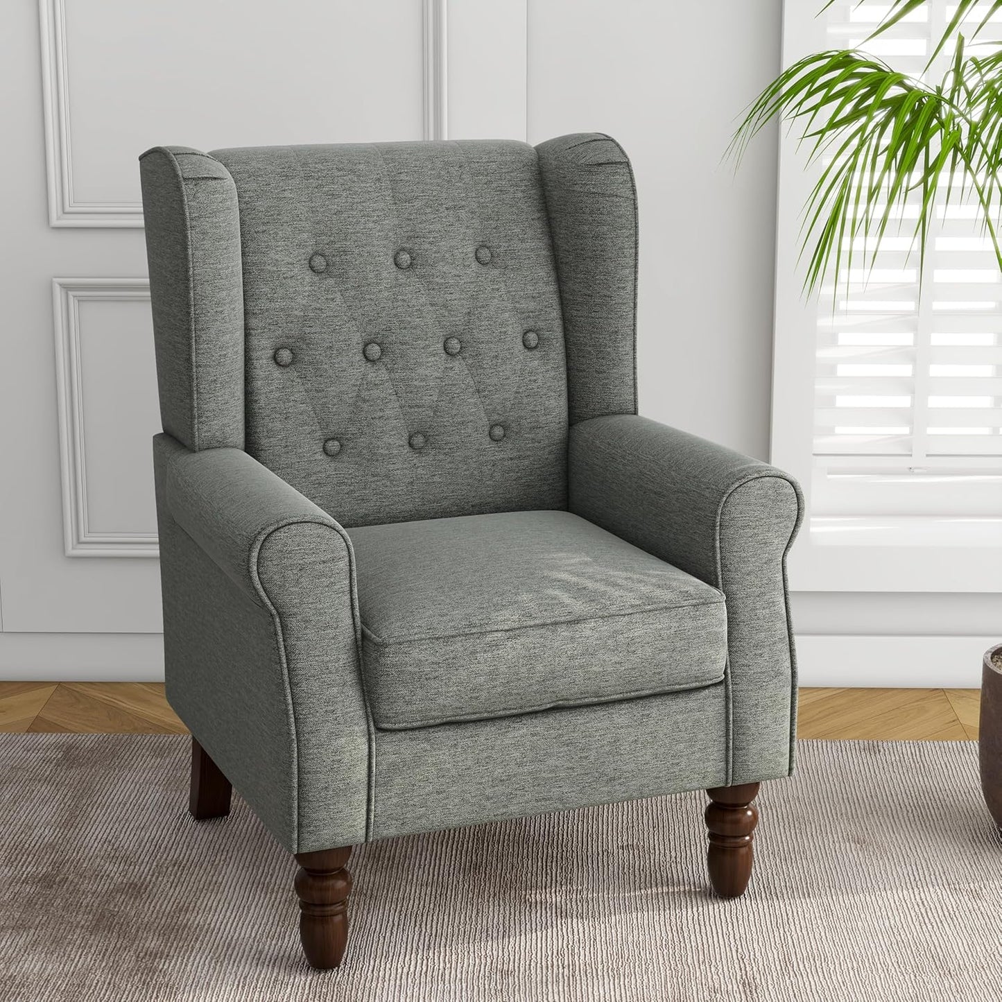 Lumibee High Back Accent Chair,Upholstered Wingback Armchair with Solid Wood Legs for Small Spaces,Comfy Single Sofa Chair for Living Room,Bedroom,Office-Gray