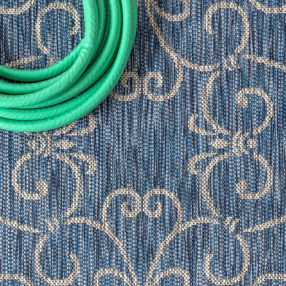 JONATHAN Y Vintage Filigree Indoor Outdoor Runner Rug 2X10 Navy/Gray, Charleston Textured Weave for Backyard, Patio, Porch, Easy-Cleaning, High Traffic, Pet-Friendly, Non-Shedding (SMB106D-210)
