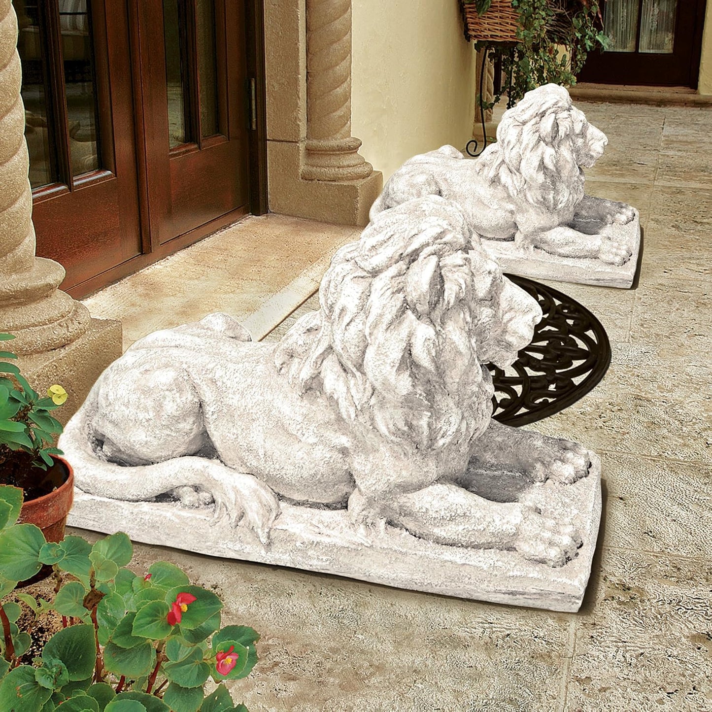 Design Toscano Lyndhurst Manor Lion Sentinel Outdoor Garden Statue, 27 Inch, Resin, Antique Stone Finish