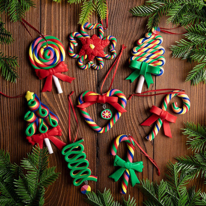 codree 8 Pcs Christmas Lollipop Ornaments- Rainbow Candy Cane Hanging Ornaments for Christmas Tree- Christmas Candies Polymer Clay Ornament for Xmas Tree Party Decoration, E-8pcs