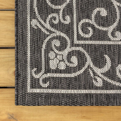 JONATHAN Y Vintage Filigree Indoor Outdoor Round Area Rug 9 Ft Black/Gray, Charleston Textured Weave for Backyard, Patio, Porch, Easy-Cleaning, High Traffic, Pet-Friendly, Non-Shedding (SMB106G-9R)