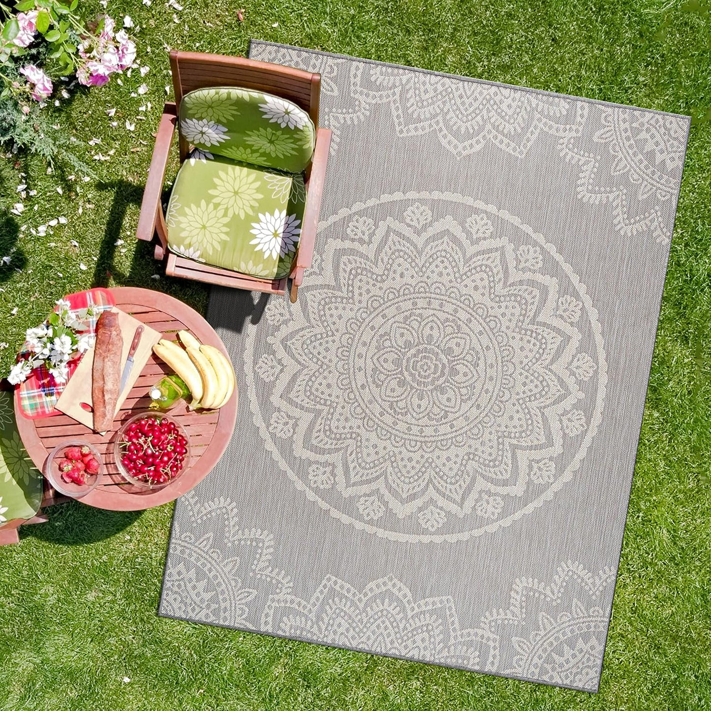 CAMILSON Outdoor Rug 8x10 Modern Area Rugs for Indoor and Outdoor Patios and Porches - Waterproof, Washable, Non-Shedding, Easy-to-Clean Outside Carpet (8 x 10, Medallion - Grey/White)
