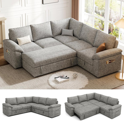 85 Inch Modular Sectional Sofa with Pull Out Bed,L Shaped 5 Seat Sectional Sleeper Sofa with Storage,Sectional Couches for Living Room,Cloud Modular Couch,Removable Sofa Cover,Light Gray