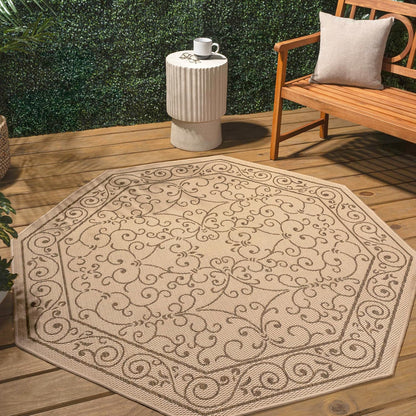 JONATHAN Y Vintage Filigree Indoor Outdoor Octagon Area Rug 5 Ft Beige/Brown, Charleston Textured Weave for Backyard, Patio, Porch, Easy-Cleaning, High Traffic, Pet-Friendly Non-Shedding SMB106A-5TGN