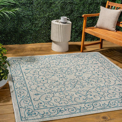 JONATHAN Y Vintage Filigree Indoor Outdoor Square Area Rug 9X9 Gray/Teal, Charleston Textured Weave for Backyard, Patio, Porch, Easy-Cleaning, High Traffic, Pet-Friendly, Non-Shedding (SMB106E-9SQ)