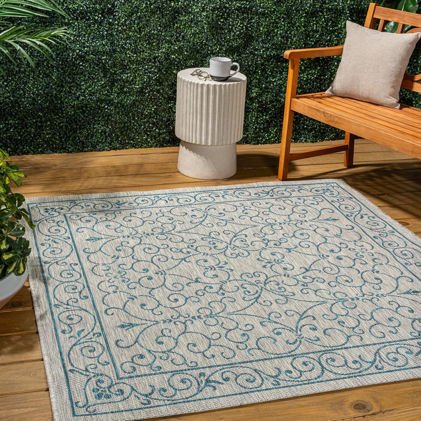 JONATHAN Y Vintage Filigree Indoor Outdoor Square Area Rug 8X8 Gray/Teal, Charleston Textured Weave for Backyard, Patio, Porch, Easy-Cleaning, High Traffic, Pet-Friendly, Non-Shedding (SMB106E-8SQ)
