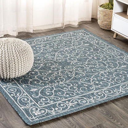 JONATHAN Y Vintage Filigree Indoor Outdoor Square Area Rug 9X9 Teal/Gray, Charleston Textured Weave for Backyard, Patio, Porch, Easy-Cleaning, High Traffic, Pet-Friendly, Non-Shedding (SMB106F-9SQ)